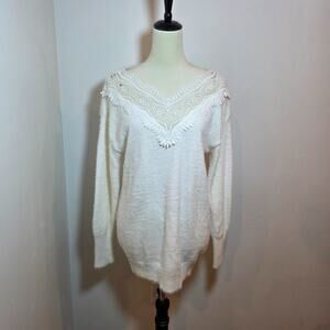 CZ Collection by Cezele Womens Fuzzy Sweater Size S White Lace Oversized Cottage
